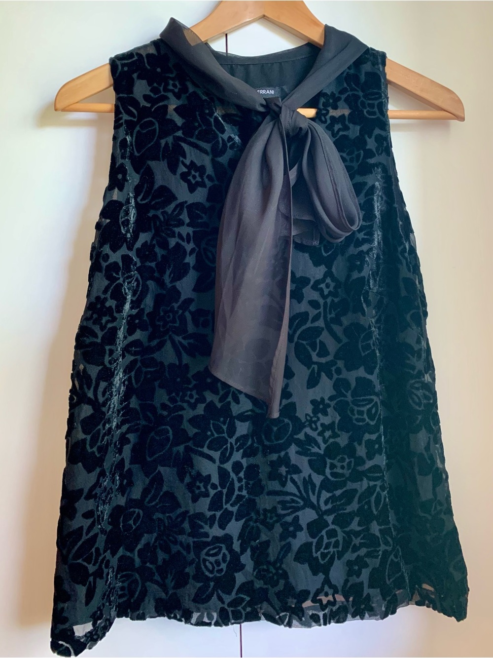 Mario Serrani Black Velvet Burnout Tie-Neck Blouse